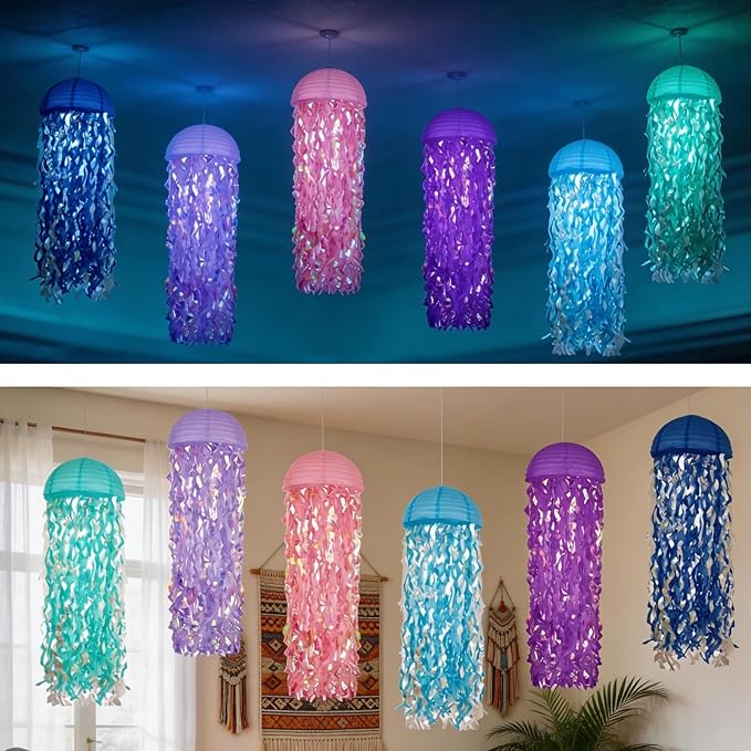 Jellyfish Paper Lanterns with LED Lights Set of 6, Multicolor Dome Hanging Floating Decorations for Under The Sea Party Mermaid Birthday Ocean Classroom Beach Room Aesthetic