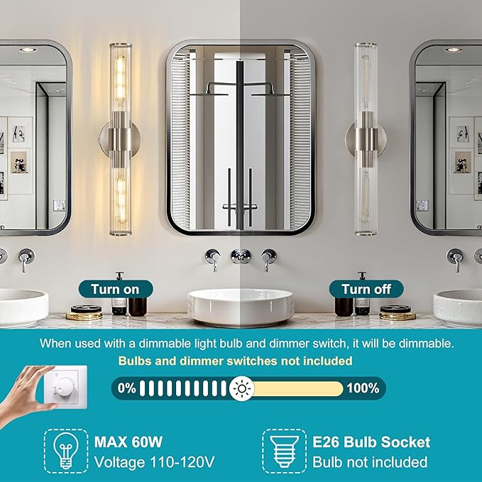Bathroom Vanity Light Fixtures, Nickel Wall Sconces in Threaded Glass, Modern Wall Light for Bathroom Living Room Bedroom, Hallway