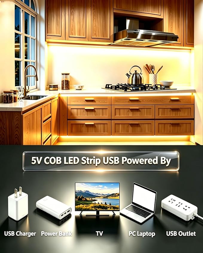 6FT USB COB LED Light Strip, Cuttable Behind TV Backlight, Bright Warm White 5V Strip Lights for Bedroom Kitchen, Small Short Dimmable LEDs Strips Under Bed Cabinet, Luces LED para TV Cocina Cuarto
