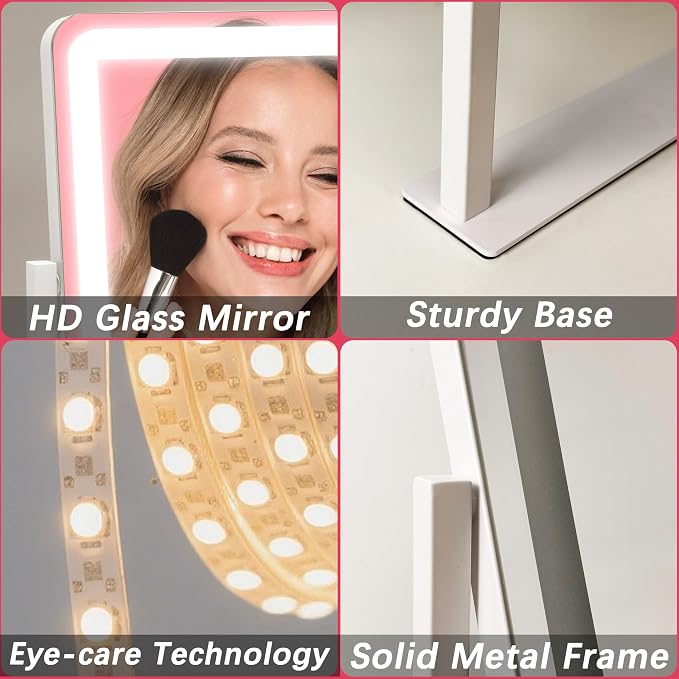ROLOVE Vanity Mirror with Lights, 12.6"x15" LED Makeup Mirror with Lights, Smart Touch Control 3 Color Dimmable, Lighted Desk Mirror for Bedroom, Light Up Mirror