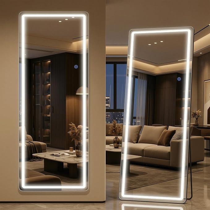 Antok LED Full Length Mirror with Light, 58"x18" Lighted Full Body Mirror with Stand, Dimmable & 3 Color Lighting Standing/Leaning/Wall Mounted Vanity Mirror for Bedroom Cloakroom Livingroom(Rect)