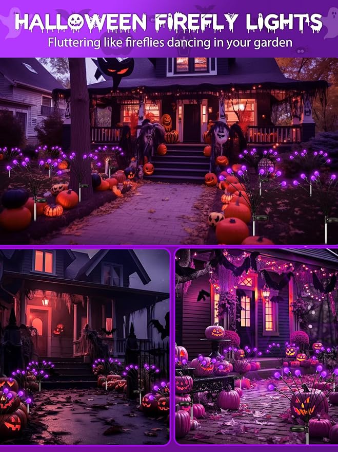 Halloween Decorations Outdoor Solar Firefly Lights 6 Pack 48 LED Purple | 2 Lighting Modes, Memory Function and Auto On/Off, Sway with Wind, Waterproof Halloween Decor for Outside Horror Party Garden