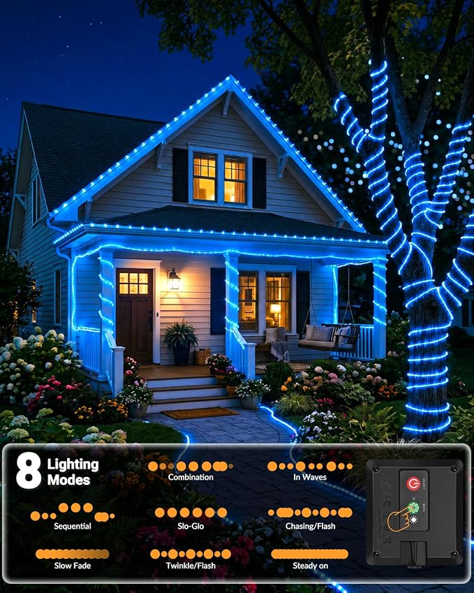 btfarm Solar Rope Lights, 120LED 46FT String Lights Outdoor Waterproof | 8 Modes, Timer & Memory Function, Tube Trampoline lighting for Outside Garden Tree Christmas Yard Patio Decor, Blue