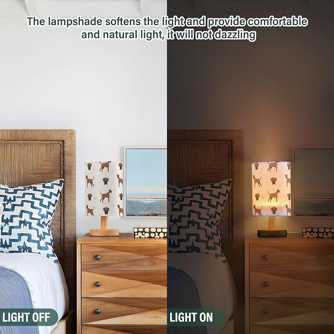 Table Lamp Boxer Dog Pattern Nightstand Lamp with Wood Base Fabric Lamp Shade Bedside Desk Lamp for Living Room Bedroom Kids Room Office