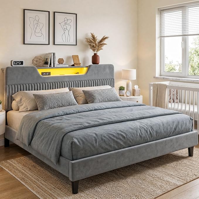 Homkdom King Bed Frame with Charging Station & Storage Headboard,Grey | 1USB-C & 2USB-A Charging, RGB LED Lights,7.78" Under-bed Storage,Velvet Upholstered Headboard,No Box Spring,Easy Assembly.