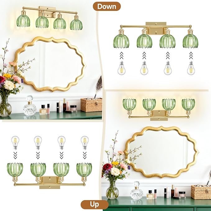 4 Light Vanity Lights for Bathroom, 27.2 in Brushed Brass Gold Bathroom Vanity Lights Over Mirror,Wall-Mounted Bath Room Lighting Fixtures with Green Tulip Glass Shade for Bedroom Living Room