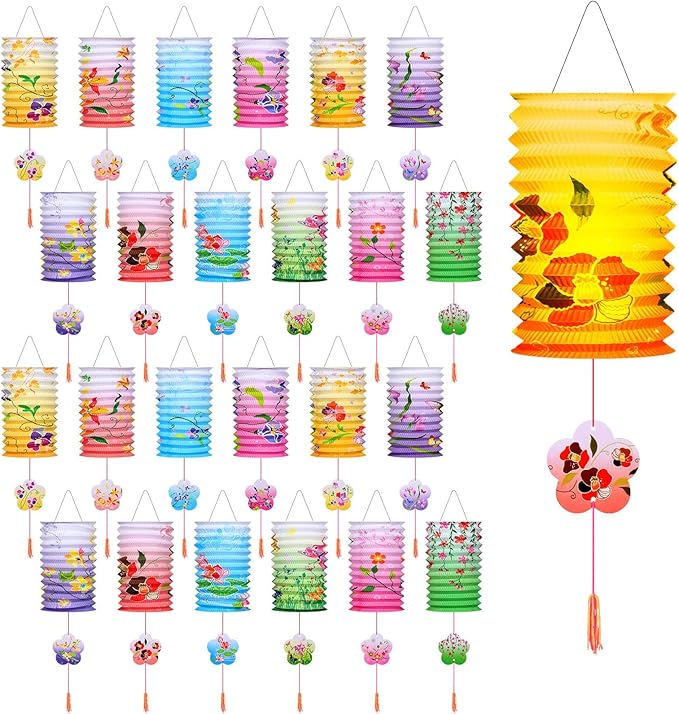 24 Pcs Paper Lanterns Chinese New Year Decorations Flower Bird Colorful Japanese Lantern Lamp 12 Styles for 2026 Chinese Lunar New Year Spring Festival Decorations