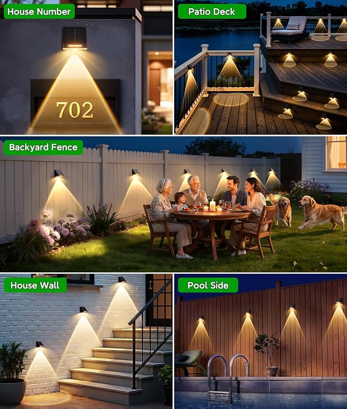 KOOPER Solar Fence Lights Outdoor Waterproof 4 Pack, Solar Fence Lights with Ultra-Bright LED Lens, 10 Modes & 9 Colors Outdoor Solar Lights for Fence, Backyard, Railing, Patio, Wall, Step, Deck