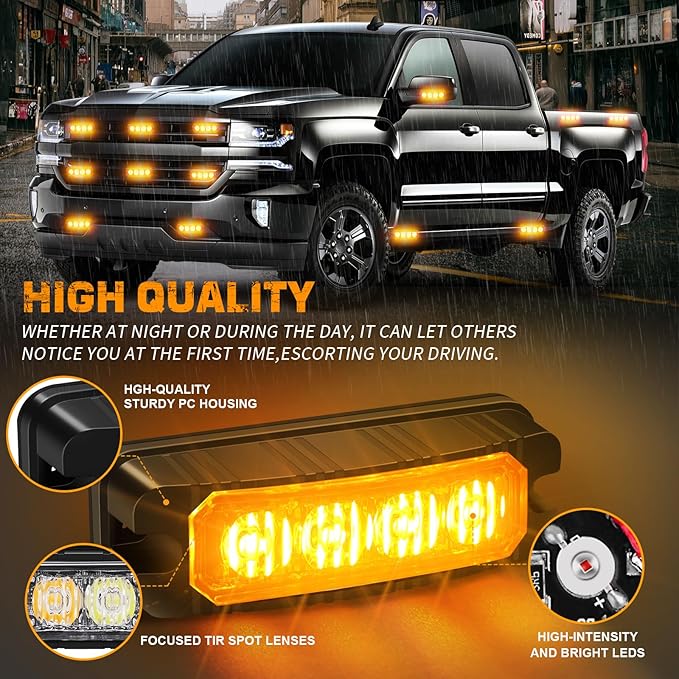 XRIDONSEN 8PCS Sync Grill Strobe Lights 32 LED Amber Strobe Lights Grille Surface Mount Emergency Flashing Warning Hazard Caution Safety Light for Tow Plow Trucks Construction Vehicles Car Wreckers