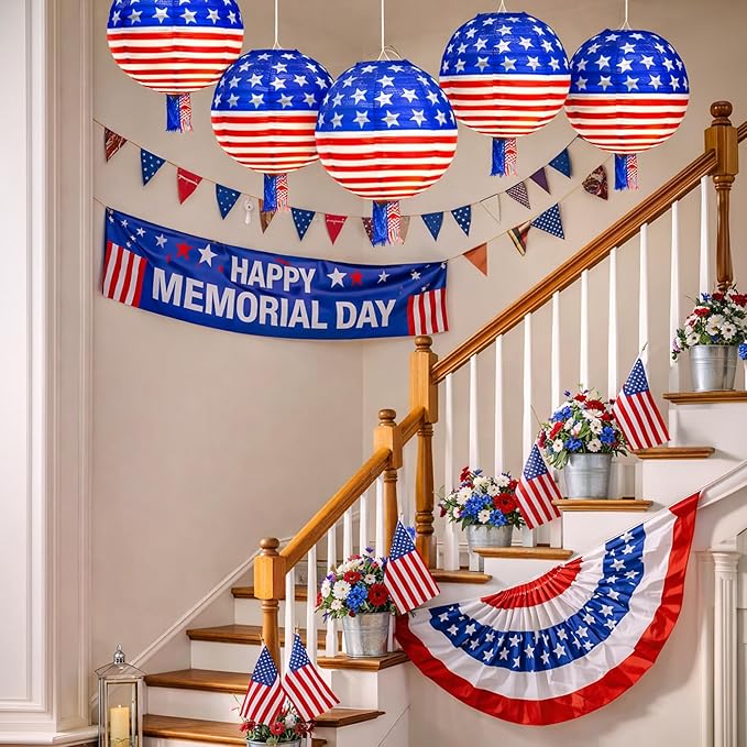 Mudra Crafts 12 In 10 American Flag Paper Lanterns Red White Blue Decorations for Armed Forces & Memorial Day Décor - USA Citizenship Event Patriotic Decorations
