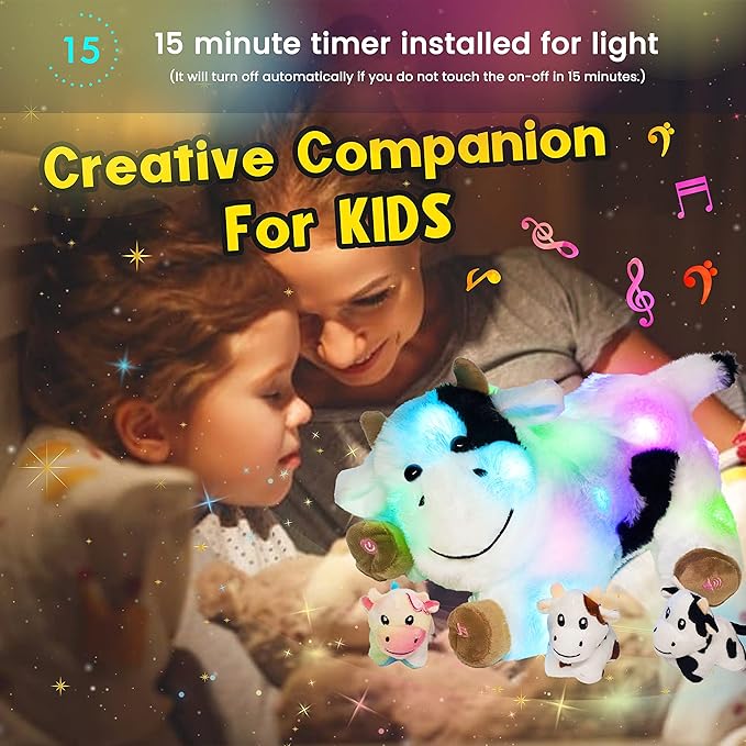 Hopearl LED Musical Stuffed Cow Lighting Up Singing Plush Toy Playset Mommy Cow with 3 Baby Dairy Cows in her Tummy Adjustable Volume Lullaby Animated Soothe for Mom Kids, 15''