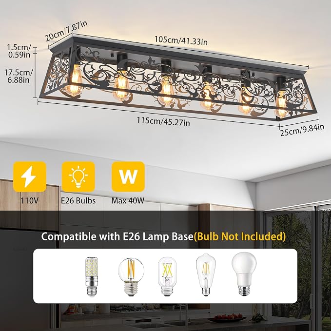 Garwarm 45 Inch Black Rectangular Chandelier, 6-Light Flush Mount Fixture | Farmhouse Kitchen Ceiling Light,Black Chandeliers for Dining Room,Kitchen Islands ,Living Rooms and Large Spaces
