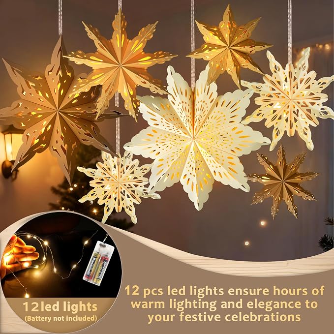 12Pcs Christmas Paper Snowflake Lantern with LED Light, Christmas Paper Star Lantern White Beige Khaki Hanging Hollow Snowflake Lantern for Xmas Holiday Wedding Frozen Birthday Party Home Winter Decor