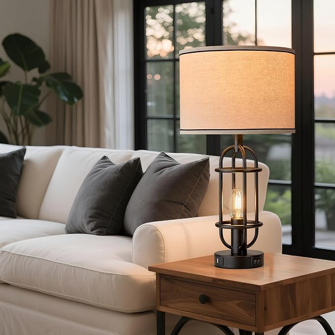 Reaketon Black Table Lamps for Living Room Set of 2, 22.3" Farmhouse Lamps for Nightstand, Industrial Table Lamps for Bedroom with USB Ports, Bulbs Included