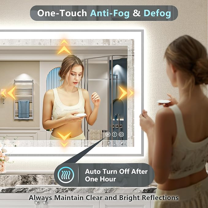 44x32 Inch Brushed Nickel LED Bathroom Mirror, Backlit & Front Lit | Silver Framed Anti-Fog Lighted Vanity Mirror with Lights, 3 Color Dimmable, Memory, HD Tempered Glass, CRI95, IP54, UL Listed
