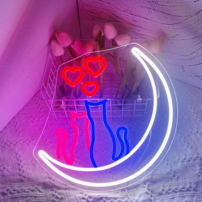 Two Cats on Moon Neon Sign Christmas Cat Cute Couple Kittys Neon Lights for Wall Decor,Kawaii Animal 3D LED Neon,USB Light Up Signs for Girls Bedroom Bar Home Party Valentine's Day Cat Lovers Weddings