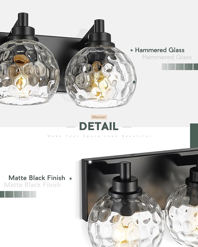 5-Light Black Bathroom Vanity Light, Hammered Glass Globe Shade | 32 Inch matte black modern bathroom light fixture over mirror, UL listed, E26 bulbs, hardwired, upward only, VL200-MB-CL-5