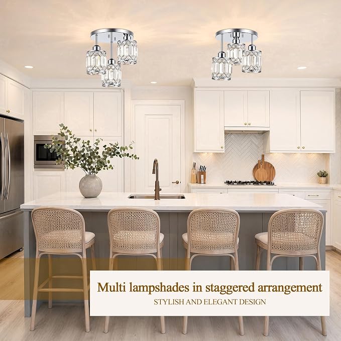 Chrome Crystal Ceiling Light Fixture, 3-Light, E26 | Modern Semi Flush Mount Ceiling Light, Kitchen Lighting Fixtures Ceiling for Hallway Bedroom Bathroom Laundry Room