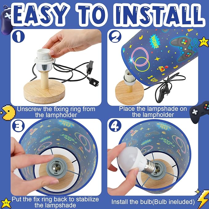 Kids Gaming Lamp for Boys Bedside Lamp with Linen Wooden Nightstand Cartoon Nursery Video Game Lampshade for Kids Gamer Decor