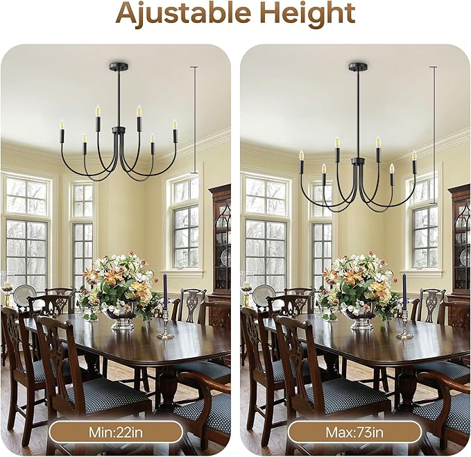 ropelux Dining Room Chandelier, 6-Light Black Farmhouse Light Fixtures Over Table, Hanging Height Adjustable Kitchen Island Lighting with E12 Base (Bulb not Included) for Foyer Bedroom Entryway