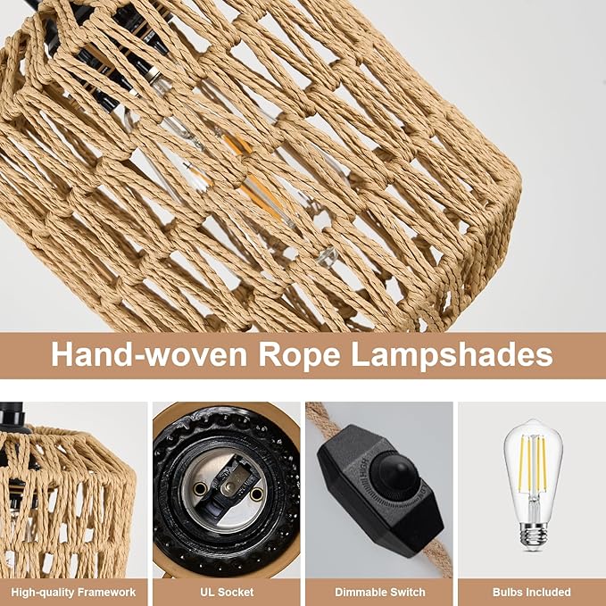 Plug in Pendant Light with 6W LED Bulb Warm Light(3000K) Dimmable Switch Cute Rattan Hanging Lamp Cord 15ft Hand Woven Plug in Chandelier Boho Hanging Lights Fixture for Bedroom Kitchen