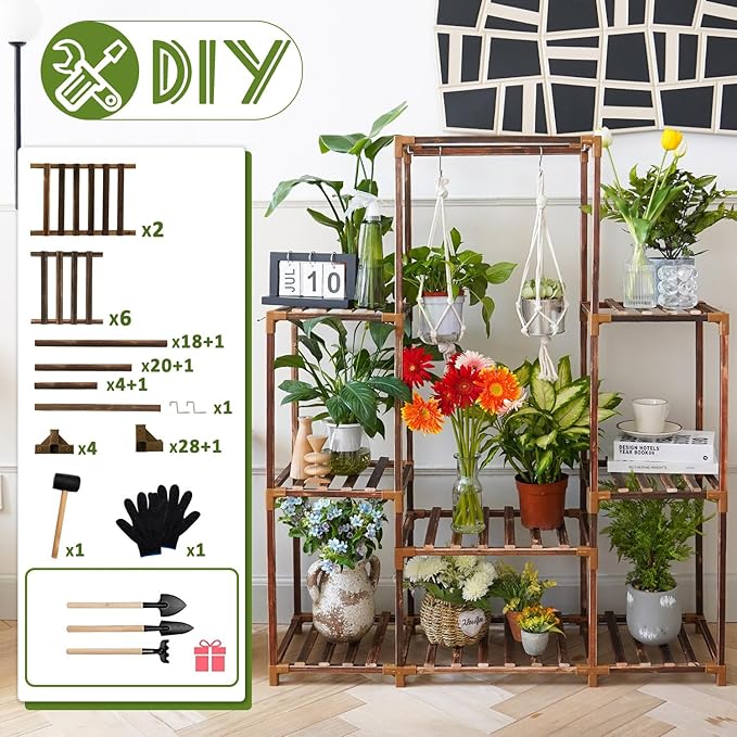 Plant Stand Indoor Outdoor Tall Shelf for Multiple Plants 8 Tiers 12 Pot Large Rack Pine Wood Corner Plant/Flower Holder for Room Corner Balcony