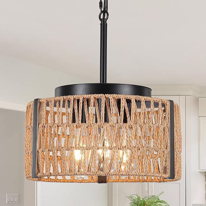 Boho Rattan Chandelier, 3-Light 13.7”Farmhouse Chandeliers Light Fixture with Rustic Wicker Rattan Pendant Light for Living Room,Kitchen Island Bedroom(E26 Bulbs Not Included)