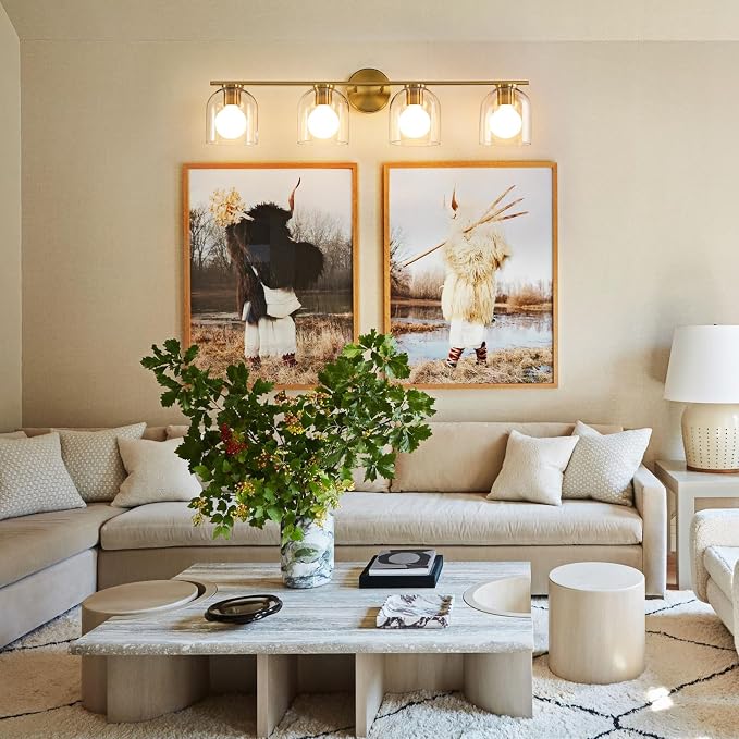 WOSHITU Bathroom Vanity Light Fixtures: 32.3 Inch Modern Brushed Gold Bathroom Light Fixtures Over Mirror with Clear Glass Shade, 4-Light Bathroom Lights Above Mirror