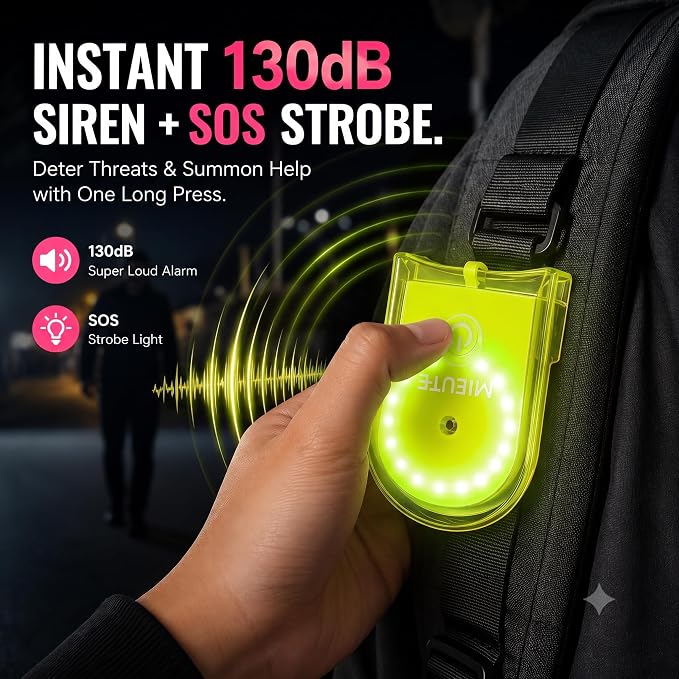 Clip-On Personal Safety Alarm 130dB for Women with LED Strobe | Rechargeable Wearable Safety Alarm for Women with 19-LED Ring Strobe,Magnetic Clip,Charging & Outdoor Running Protection