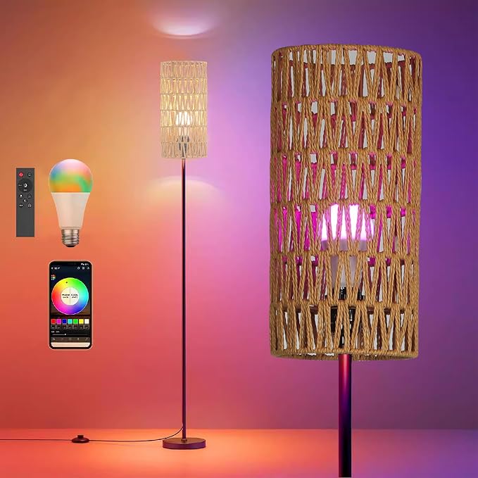 Ruiever Smart Floor Lamp for Living Room,Gaming - Remote, Timer Floor lamp with Remote, APP Control & RGB Standing lamp with Hand-Worked Rattan Shade Bluetooth Bulb Included (Bluetooth Bulb)