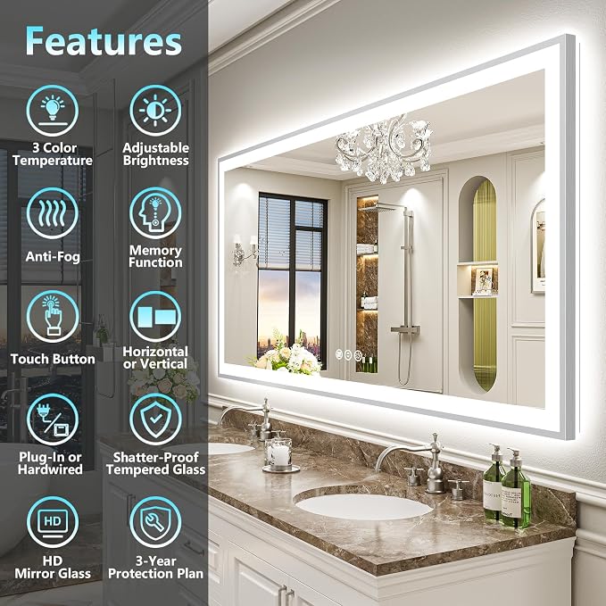 72x36 Inch Brushed Nickel LED Bathroom Mirror, Backlit & Front Lit | Silver Framed Anti-Fog Lighted Vanity Mirror with Lights, 3 Color Dimmable, Memory, HD Tempered Glass, CRI95, IP54, UL Listed