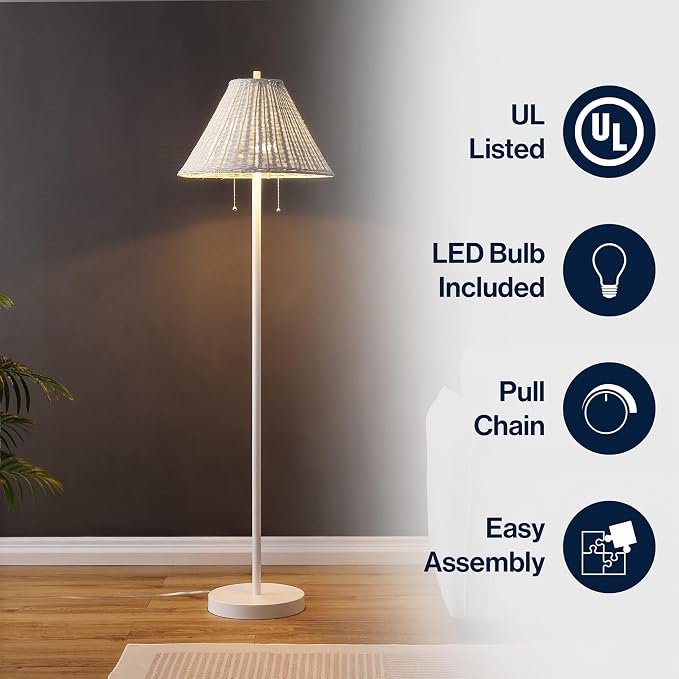 JONATHAN Y Nando 2-Light Coastal Rattan Floor Lamp 61", White | Mid-Century Modern, Standing Lamp, Metal Base, Pull-Chain Switch, Woven Coolie Shade, LED Bulbs Included