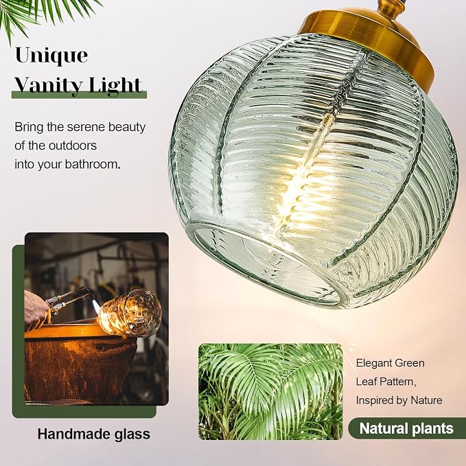 MOKATNG Bathroom Light Fixtures, 2-Light Green Vanity Lights with Unique Leaf Texture Glass Shade, Modern Matte Black and Gold Bathroom Wall Lamp for Mirror Hallway Cabinet Living Room