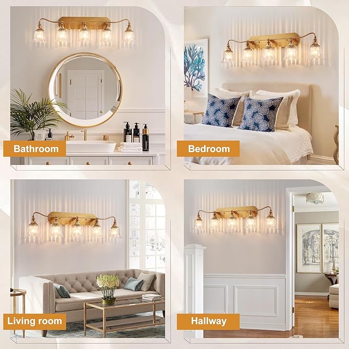 Bathroom Vanity Gold Light Fixture, 5 Lights Bathroom Lighting Matte Antique Brass Finish with Crystal Glass Shade, Gold Vintage Vanity Light for Bathrooms