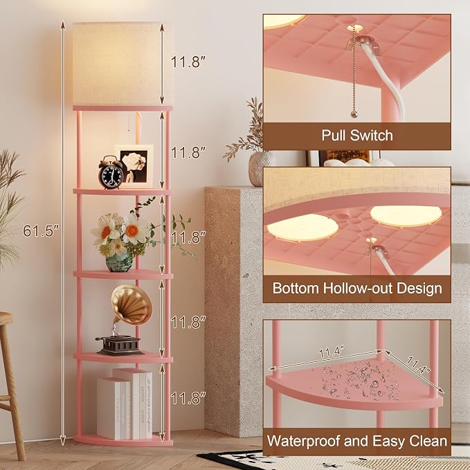 Qupui Floor Lamp with Shelves, 61.5" 5-Tier, 3-Color LED, Pink | Fabric Shade With Soft Cozy Light. 3 Color Temperatures 12W LED. 5 Tiers, 22 Lbs Each. Durable Composite Panels, Metal Frame