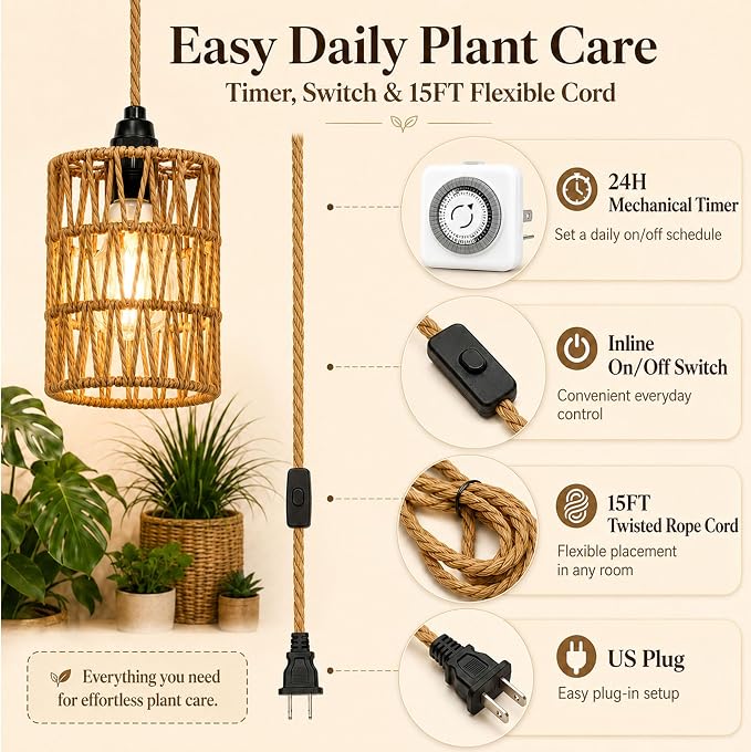 2 Pack Hanging Grow Lights for Indoor Plants Boho Rattan Plant Light | 15FT Power Cord with Timer, 15W Full Spectrum Pendant Plant Lights for Indoor Growing Greenhouse Flowers Home Decor