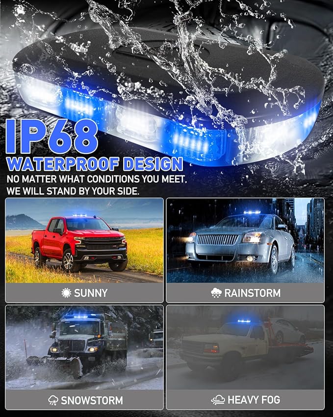 HLauto 700A Rooftop Emergency Strobe Lights Bar, 72 LED Blue White Mini Beacon Safety Flashing Warning Traffic Lights Bar w/Magnetic Base for 12-24V Trucks, Construction Vehicles, Snowplow, Cars