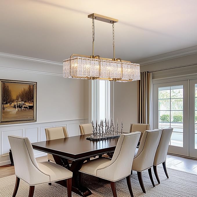 CROSSIO Gold Crystal Rectangle Chandelier, 40inch Large Rectangular Water Ripple Glass Island Light Fixture, Elegant Linear Lighting for Kitchen Island, Living Room