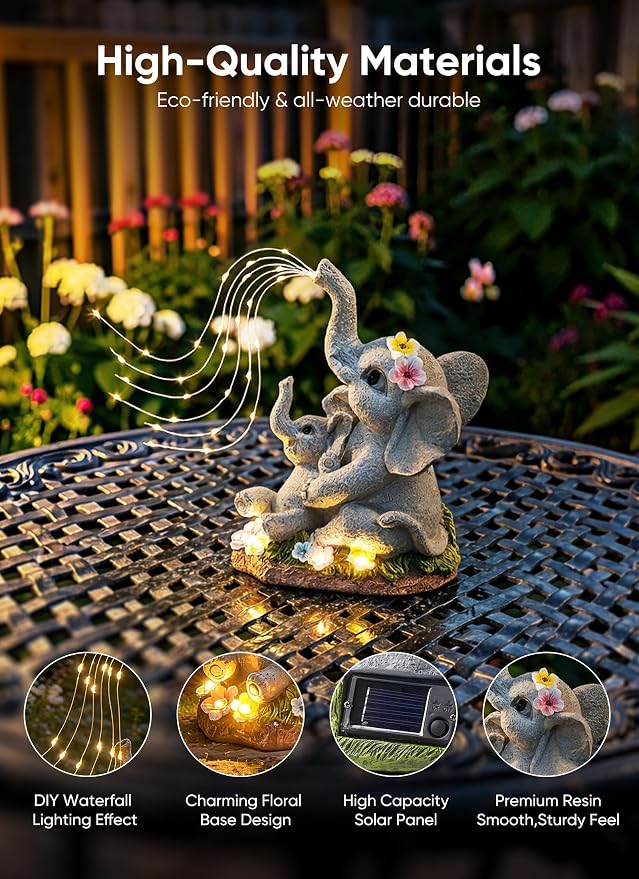 Brightown Solar-Elephant-Garden-Decor-Statue with Succulent & Watering LED Lights, Waterproof Outdoor Decor for Patio, Lawn, Balcony & Yard Decorations Outdoor, Unique Mothers Day Gifts for Mom Women