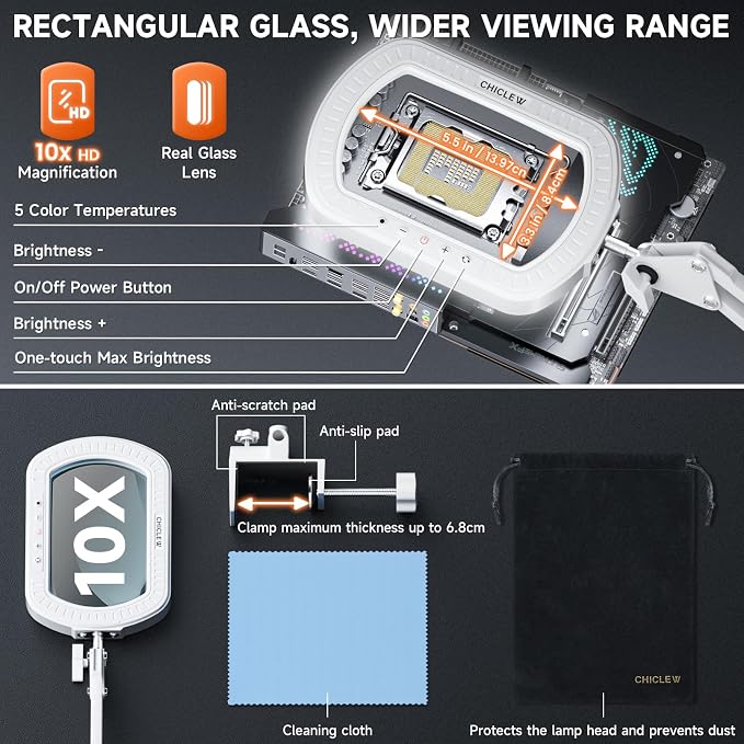 10X Rectangle Magnifying Lamp, Large Magnifying Light with 5 Color Modes | Magnifying Glass with light and Clamp, Hands Free, for Close Work, Crafts, Jeweller Repair, Painting, Hobbies