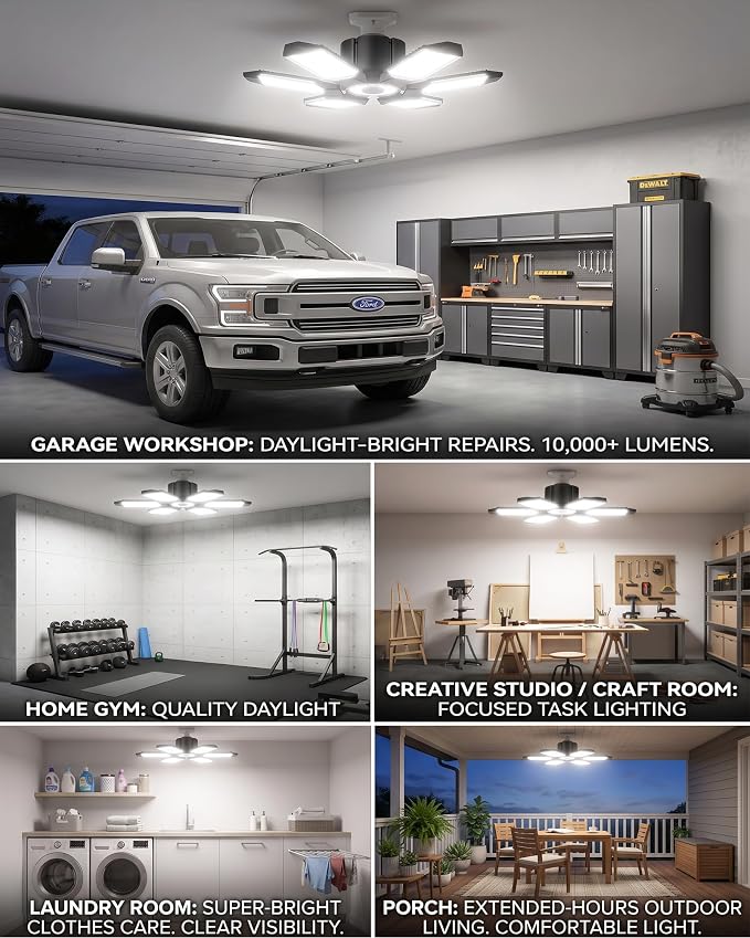 LED Garage Lights, 100W 10000LM Super Bright Light Bulb for Garage Ceiling Lights, 6 Deformable Panels LED Shop Lights for Garage, 6500K Daylight Screw in E26/E27 Garage Lighting-2 Pack