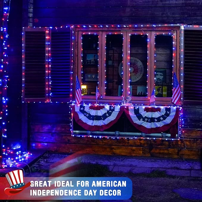 JMEXSUSS 4 Pack 50LED Red White Blue Fairy Lights Battery Operated, 16ft Battery Powered 4th of July Fairy Lights, Indoor Patriotic Lights for Independence Day 4th of July Decorations