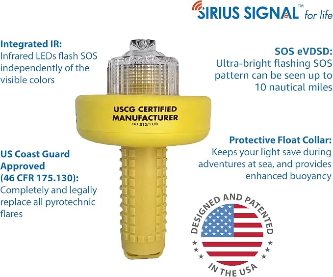 Sirius Signal C-1004 SOS LED Distress Signal, White + IR - USCG Approved | Electronic Boat Flare Replacement, Bright White Light + Infrared, Includes Mounts, Daytime Flag & Whistle