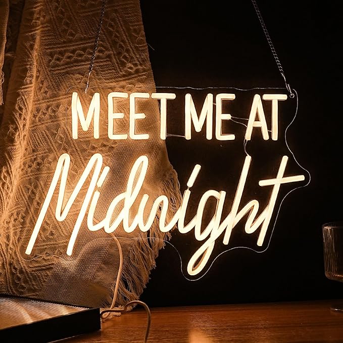 Meet Me At Midnight Neon Sign Warm White Led Light Up Words Sign for Bedroom Decor Dimmable USB Powered Neon Light for Bar Home Hotel Wall Decor Gift Sign 16.5 * 11 In