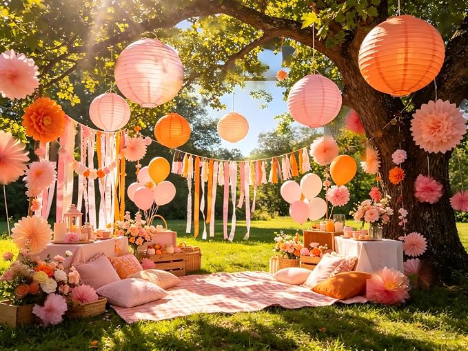 ZOOYOO 10Pcs Paper Lanterns,Pink Orange Round Hanging Tissue Paper Lanterns Decorations for Birthday,Wedding,Graduation,Baby Shower,Mother's Day,Fall Garden Home Decor