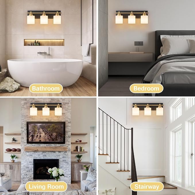 Modern Bathroom Light Fixtures Over Mirror, Vanity Lights for Bathroom Wall Sconces with Milky White Glass Shades, E26 Socket (Bulbs Not Included), 3 Light, Black Gold