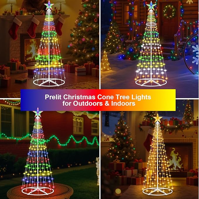 4FT Prelit Christmas Cone Tree with Lights, 156LEDs Small Christmas Tree Light with Remote Control, Timer, 11 Lighting Modes, Artificial Outdoor Christmas Tree for Yard Porch Lawn Decorations