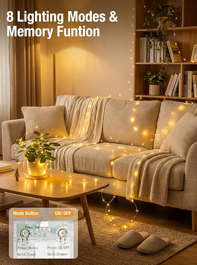 2 Pack Fairy Lights Battery Operated with Timer, 16.4 FT 50 LED Silver Wire Twinkle String Lights 8 Modes Dimmable Waterproof for Indoor Christmas Bedroom Wedding Decorations, Warm White