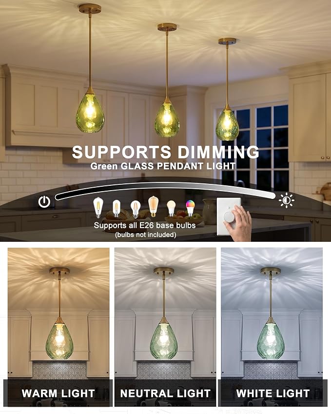 Glass Pendant Lights Kitchen Island, 1-Light Modern Green Pendant Light Fixtures with Hammered Glass and Rods, Small Hanging Light for Kitchen Sink Dining Room Bathroom