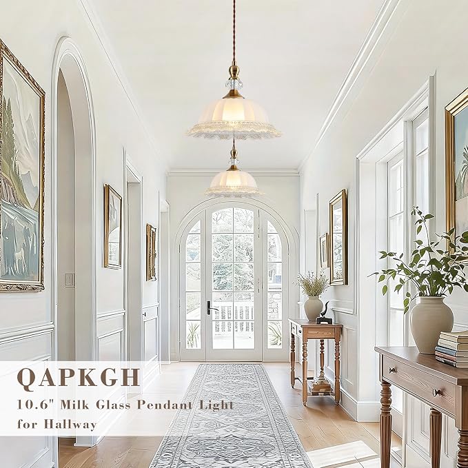 10.6" Milk Glass Vintage Pendant Light for Kitchen Island | Antique Brass Gold, Small Pendant Light, Adjustable Hanging Height Fixture, for Dining Room Hallway Bedroom